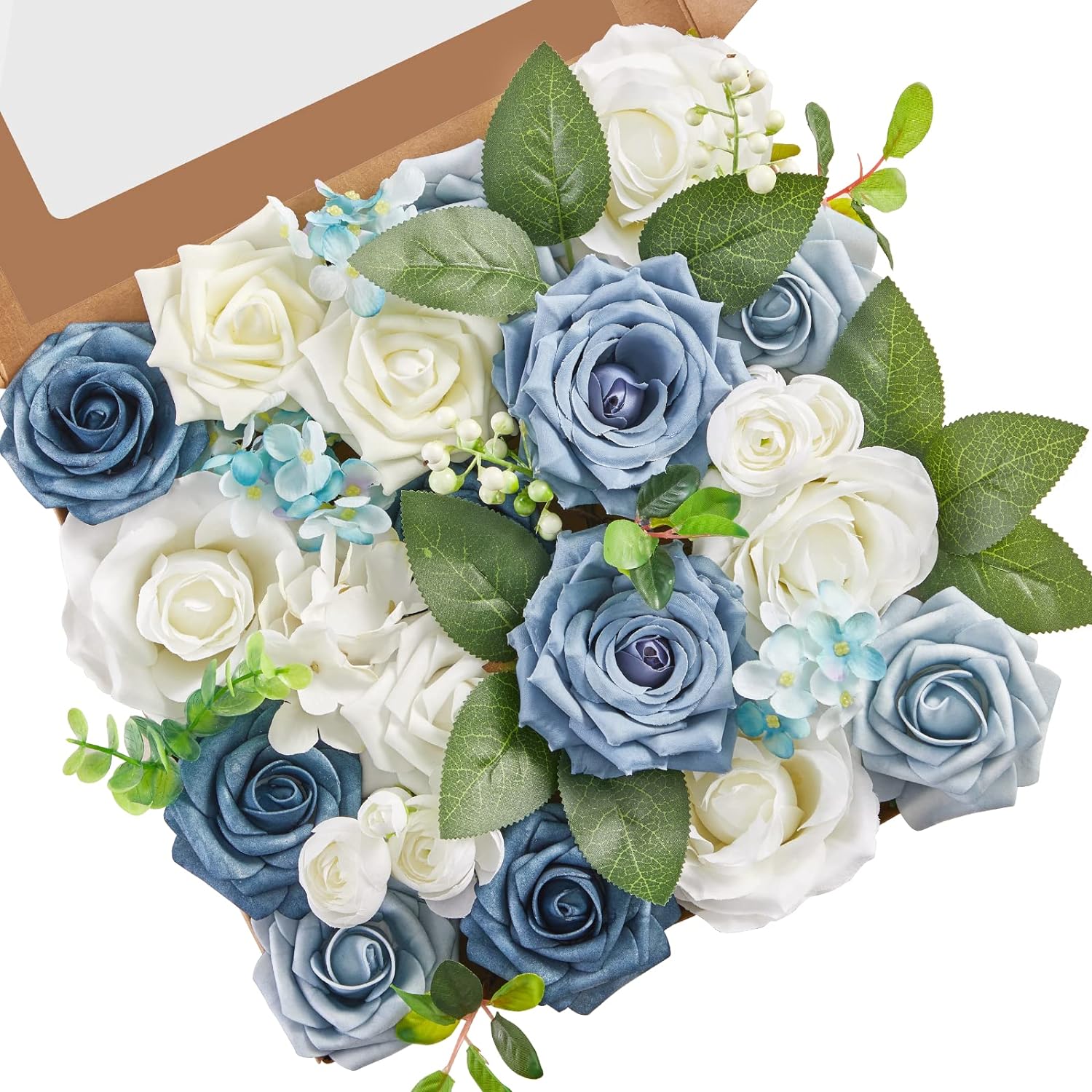 Home Decor Center - مجموعة صندوق زهور صناعية بيضاء وزرقاء،